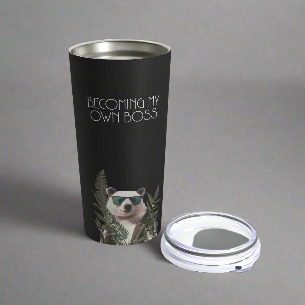 black tumblr for drinks, hot and cold beverages 'becoming my own boss' with panda wearing sunglasses, gift for entrepreneur