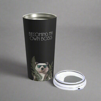 black tumblr for drinks, hot and cold beverages 'becoming my own boss' with panda wearing sunglasses, gift for entrepreneur